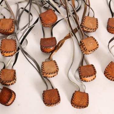 Deadstock 1970s Leather Tooled Cord Mushroom, Bird, Apple, Mouse and Floral Medicine Bag Leather Necklace Snap Pouch 