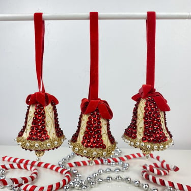 Vintage Bead & Sequin Push Pin Bell Ornament set of 3, Christmas Ornament, Red and Gold Pushpin Bell Ornaments, Hand beaded pinned ornaments 