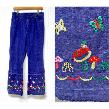 Vintage 1970s Embroidered High-Rise Blue Jeans, 70s Boho Flared Denim Pants, Butterflies, Frogs, Flowers, Mushrooms Hippie Embroidery, 30x30 