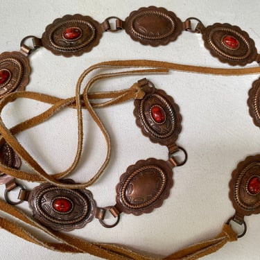 Vintage Copper Concho Belt With Rust Stones, Southwestern Casual Belt, Suede Ties, Hippie Boho Belt, Copper Medallions 