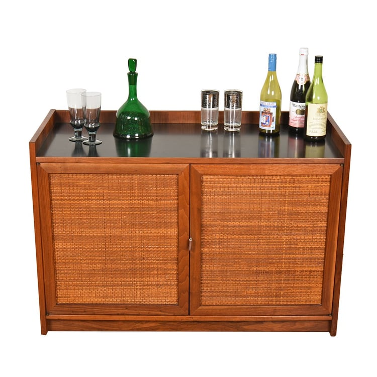 Rolling Mid-Century Walnut Serving | Bar Cabinet w. Caned Front