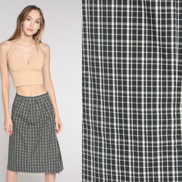 Checkered Skirt 90s Black White Knee Length Midi Skirt Retro Preppy High Waisted Basic Professional Simple Vintage 1990s White Stagg Small S 