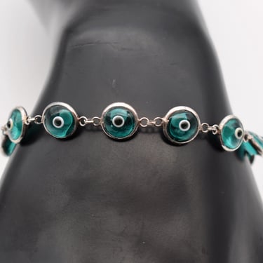 80's Malocchio eye of god teal glass sterling arcana bracelet, 925 silver hand blown green evil eye stacker 