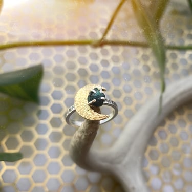 Crescent Moon + Raw Gemstone Ring - Brass & Sterling Silver - Choice of Raw Gemstone - Moon Ring - Crescent Moon Emerald Ring Festival Style 