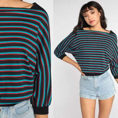 80s Striped Shirt -- Batwing Sleeve Top Slouchy Shirt Crop Top Dolman Blouse Vintage Slouch 3/4 Sleeve Black Turquoise Red Small Medium 