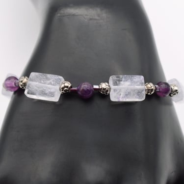 80's quartz chevron amethyst garnet sterling boho bracelet, 925 silver & stones geometric stacker 