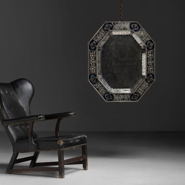 Monumental Oilskin Wing Chair / Venetian Mirror