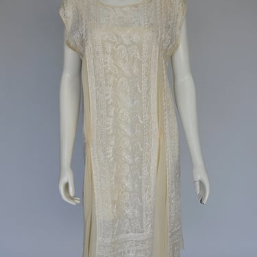 antique 1920s embroidered net ivory silk shift dress wedding S-L 