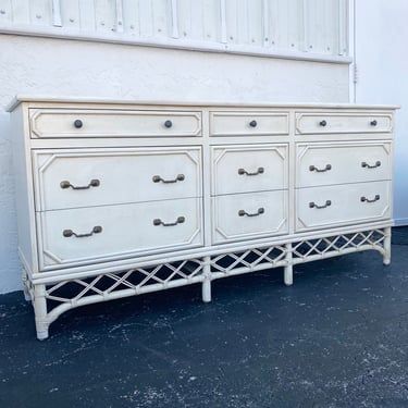 Vintage Rattan Dresser with 9 Drawers by Ficks Reed - Creamy White Hollywood Regency Coastal Boho Chic Credenza Furniture 
