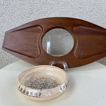 Vintage Modern serving tray platter with ceramic decorated beige bowl Hand carved brown hardwood Japan stamped size 18”x 9” 