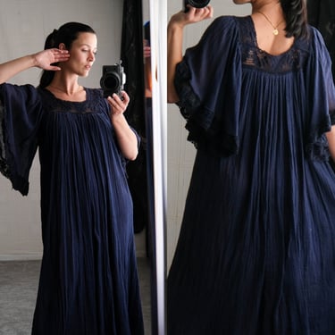 Vintage 70s Navy Blue Gauze Cotton Maxi Fairy Sleeve Peasant Dress w/ Macrame Trim | 100% Gauze Cotton | 1970s Bohemian Summer Day Dress 