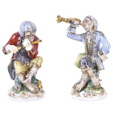 Antique Pair Hand Painted Dresden Porcelain Monkey Musicians 695 696 Trumpet Flute 