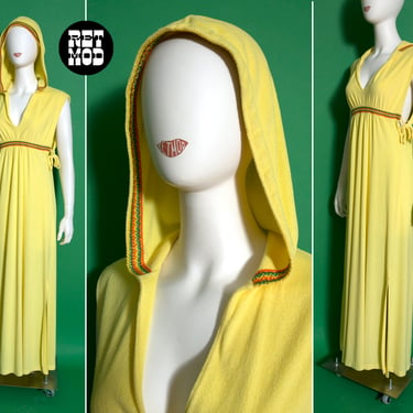 Chic Vintage 60s 70s Yellow Lightweight Terrycloth Long Cover-Up with Hood 