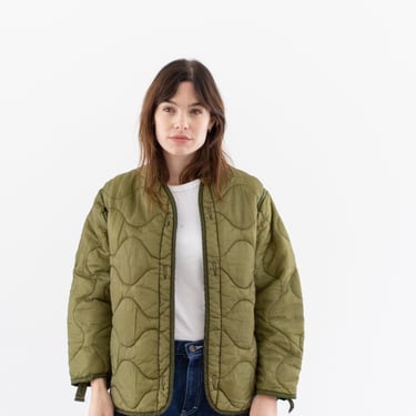 Vintage Green Liner Jacket | Unisex Wavy Quilted Nylon Coat | XS | LI223 