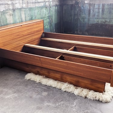1970s Danish Modern Mid Century Teak Queen Bed With Back Storage + Two Underneath Storage Drawers + Optional end table Bedside 