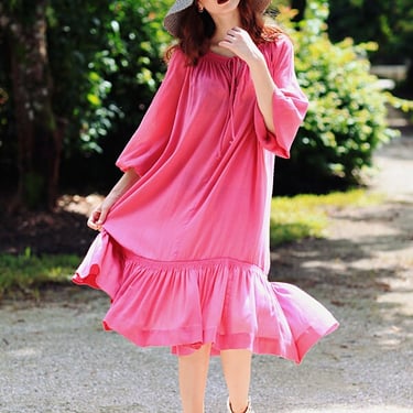70s Fuschia Tent Dress Vintage Bohemian Smocked Summer Dress 