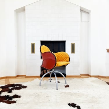 1990s Postmodern De Padova Incisa Chair by Vico Magistretti in Burgundy Saddle Leather and Yellow Patchwork Upholstery 