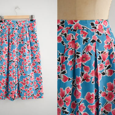 1980s Turquoise and Pink Cherry Blossom Midi Skirt 