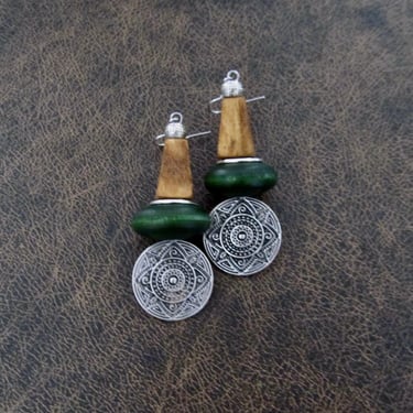 Wooden and silver earrings, ethnic earrings, Afrocentric earrings, mid century modern earrings, African earrings, bold statement, unique 