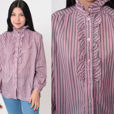 80s Tuxedo Blouse Puff Sleeve Blouse Lavender Striped Shirt Formal Button Down Top Pastel Purple 1980s Vintage Long Sleeve Large 12 
