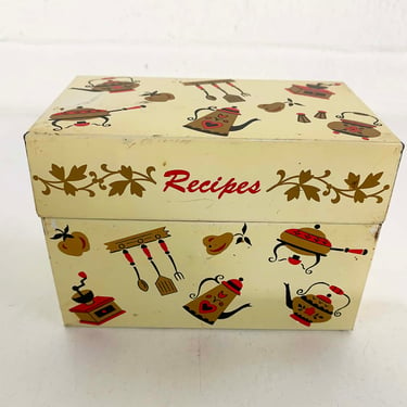Vintage Metal Recipe Box White Black Gold Red Ohio Art Co. Tin USA Mid Century Teapot Recipes Coffee Fondue 1960s 