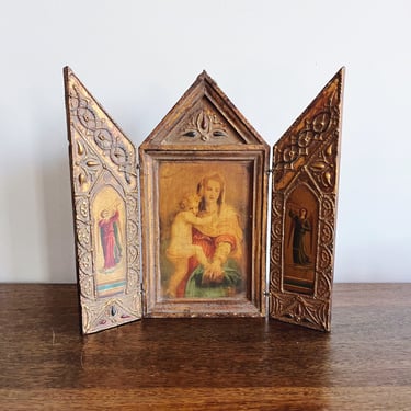 Antique Florentine Italian Triptych Virgin Mary with Child 