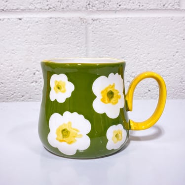 Green Ceramic Mug with White Flowers