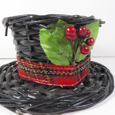 Vintage Black Wicker Snowman's Top Hat Plant Holder 