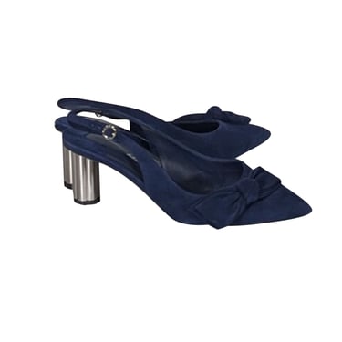 Ferragamo - Navy Suede Bow Toe Sling Back Heels Sz 5.5