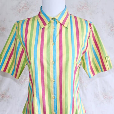 Vintage 90s Rainbow Striped Shirt, 1990s Candy Stripe Shirt, Button Down, Collar, Bright & Colorful, Pastel 