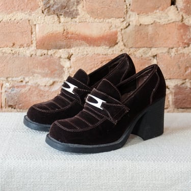 brown velvet heels | 90s y2k vintage square toe chunky heel platform loafers size 8.5 