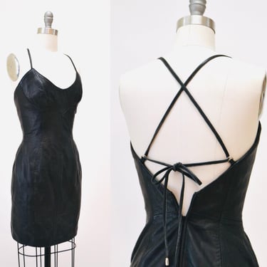 Stunning 90s 2000s y2k Leather Dress Black Lace Up leather Dress XS Small Michael Hoban North Beach//  Leather Body Con Dress Short Dress 