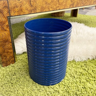 Vintage Wastebasket Retro 1980s Sally Designs + Contemporary + Ribbed + Navy Blue + Plastic + Trash Can + Garbage Bin + Home Decor 