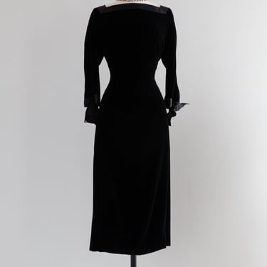 1950's Black Velvet Hourglass Cocktail Dress By Larry Aldrich  / Medium