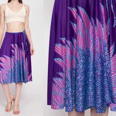 Medium 70s Sirena Royal Purple Deco Wrap Skirt | Vintage Boho Feather Print High Waisted Hippie Midi Skirt 