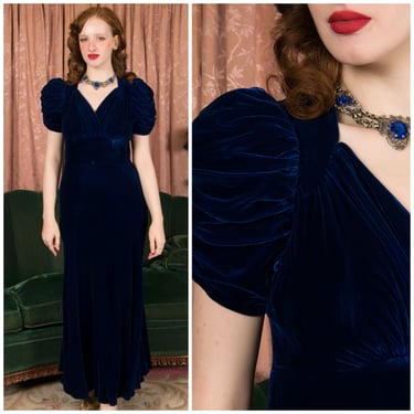 1930s Dress - Luxurious Vintage 30s Blue Velvet Evening Gown with Ruched Puff Sleeves and Surplice Bodice 