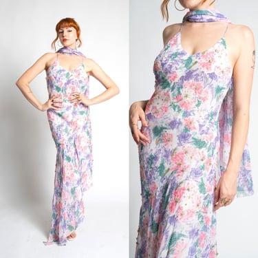Vintage 2000s Dress / Y2K Diane Freis Floral Asymmetrical Dress- / Purple ( M L ) 