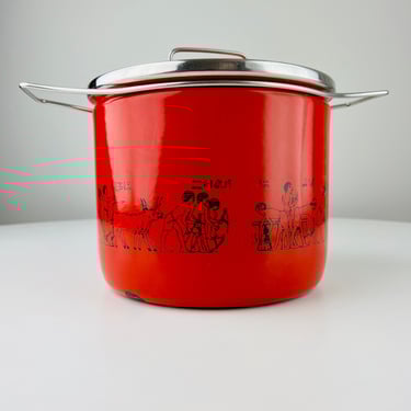 Vintage Siltal Stockpot, Depositata pattern, heavy enamel, Italian Cookware, Egypt-theme red with black hieroglyphics 