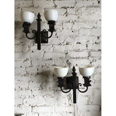 Pair Arts and Crafts Craftsman Wall Sconces with Steuben Art Glass Shades #1634 (third available) 