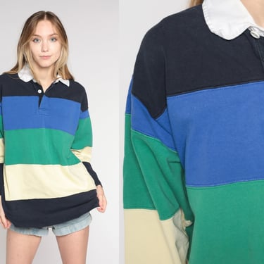 Striped Polo Shirt 90s Navy Blue Green Yellow Rugby Collared Shirt Long Sleeve Half Button Up Retro Sportswear Vintage 1990s Mens Medium M 