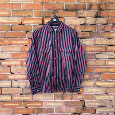 bode navy and red silk stripe havana shirt / s m small medium 