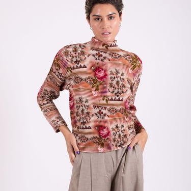 Vintage Alberto Makali Abstract Rose Crinkle Turtleneck with Sequins Top Micro Pleat sz S M L XL Y2K Popcorn 