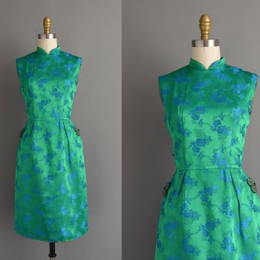 vintage 1960s dress | Green Satin Floral Cocktail Brocade Dress | XS 