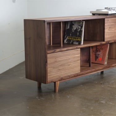 The "DoubleUp" console is a mid century modern, stereo console, record storage, vinyl storage,  credenza 