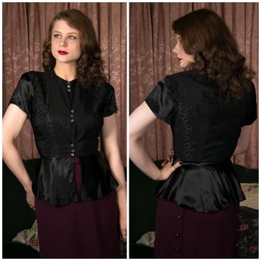 1940s Blouse - Striking Black Rayon Brocade and Silk Charmeuse 40s Top with Fluttery Peplum, and Glass Buttons 