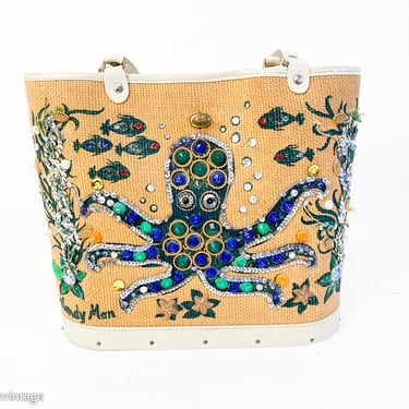 1960s Beige Jeweled Octopus Purse Tote | 60s Burlap Octopus Purse | Octopus Handbag | Souré Bag NY 