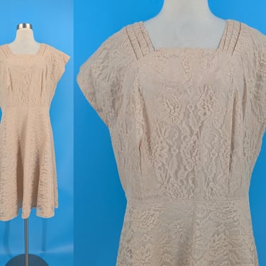 Vintage 70s Sears Fashion XL Nude Lace Short Sleeve Fit and Flare Formal Dress - 1970s 16 Peach Lace Dress 