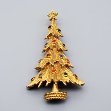 80's Monet gold tone rhinestones Xmas tree brooch, festive dimensional abstract Christmas holiday pin 