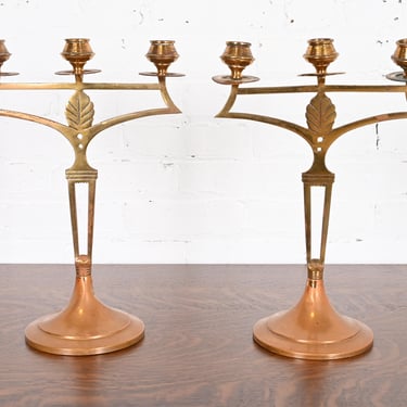 Antique Swedish Art Nouveau Brass and Copper Two-Arm Candelabras, Pair