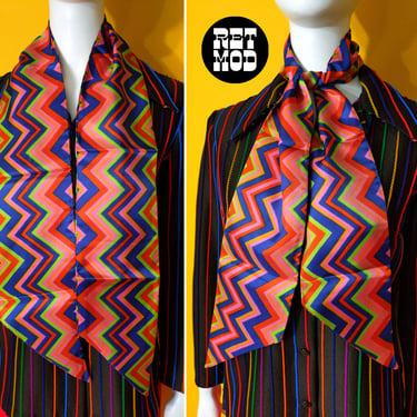 Psychedelic Vintage 60s 70s Colorful Zig Zag Art Geometric Patterned Scarf (Navy Pink Version) 